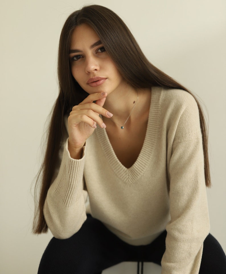 Jersey de cachemira beige para mujer, 100 % cachemira pura, talla única imagen 3