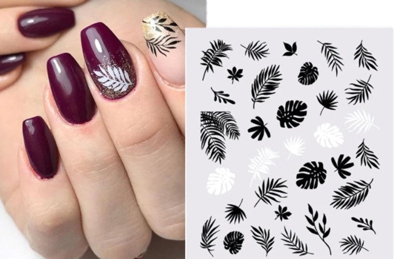 Nail Art Stickers Black Leaves Flower Nail Artnail Water Etsy