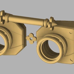 Könnte beinhalten: Eine goldfarbene steampunk-Brille mit dekorativem Design. Die Brille hat auf jeder Seite eine runde Linse und eine verbindende Brücke mit einem dekorativen Element.