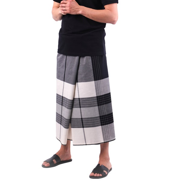 Sarong à carreaux noir, gris et blanc Motacilla Élégant sarong de plage confortable étole écharpe Indonésie Birmanie Inde Bali plaid izar