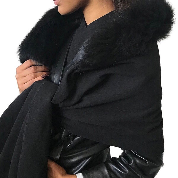 Écharpe pour femmes noires a volé Cape Wrap Trim Fourrure de renard, Châle extra large, Cadeau d’hiver, Écharpe de cape en mélange de laine cachemire