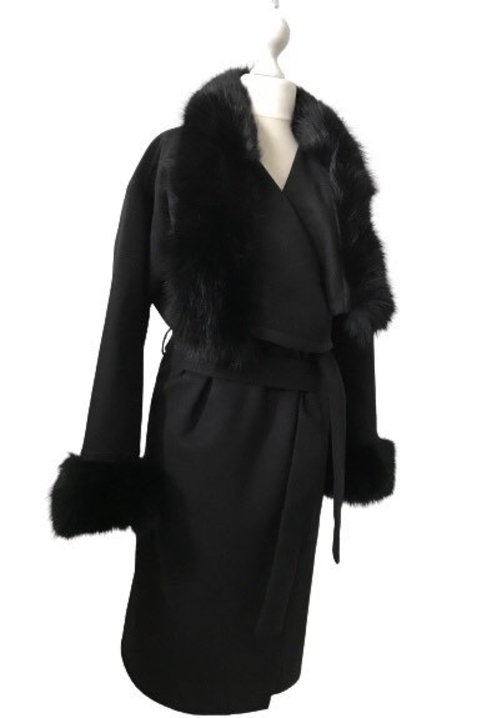Women Black Coat Long Cashmere and Trim Fox Fur Wrap Elegant Etsy