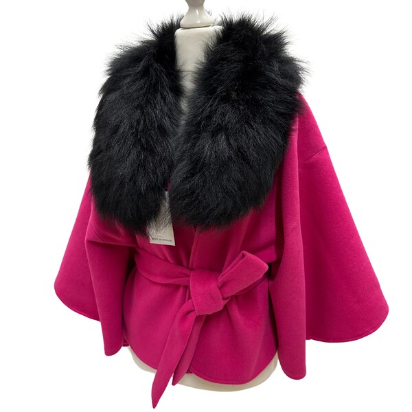 Pardessus féminin fuchsia avec ceinture Manteau cape Col en fourrure de renard amovible