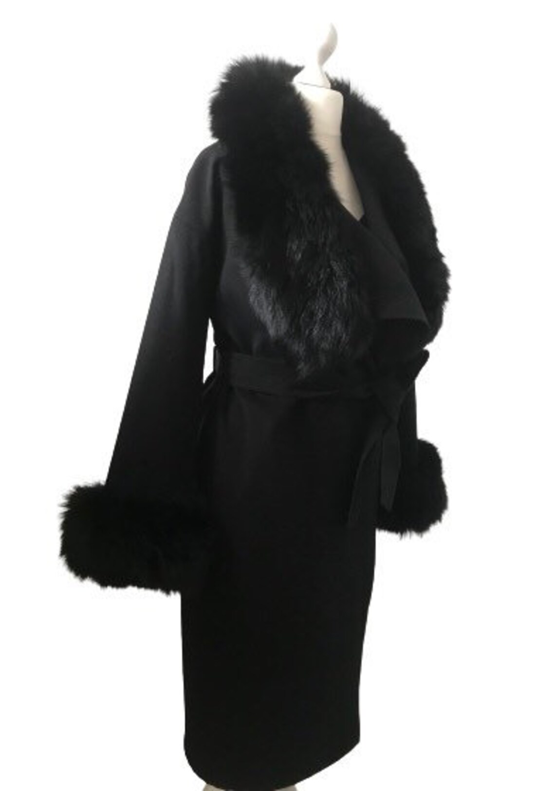 Women Black Coat Long Cashmere and Trim Arctic Fox Fur Wrap Etsy