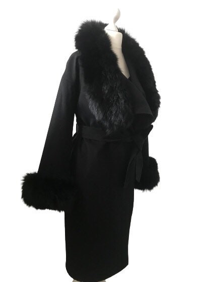 Women Black Coat Long Cashmere and Trim Arctic Fox Fur Wrap - Etsy