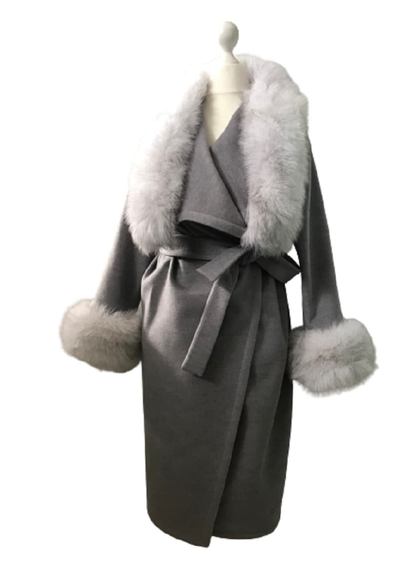 Women Gray Coat Long Cashmere and Trim Arctic Fox Fur Wrap Etsy