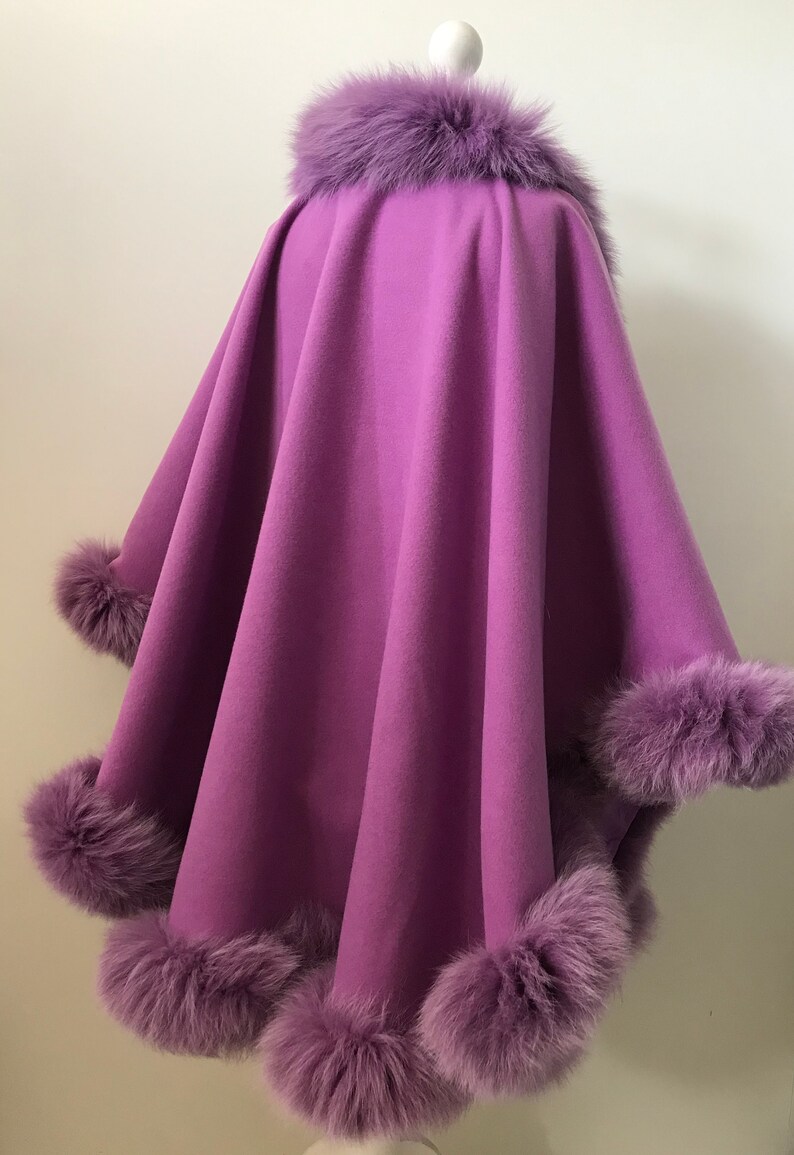 Women Fuchsia Cape long Cashmere and trim arctic fox fur