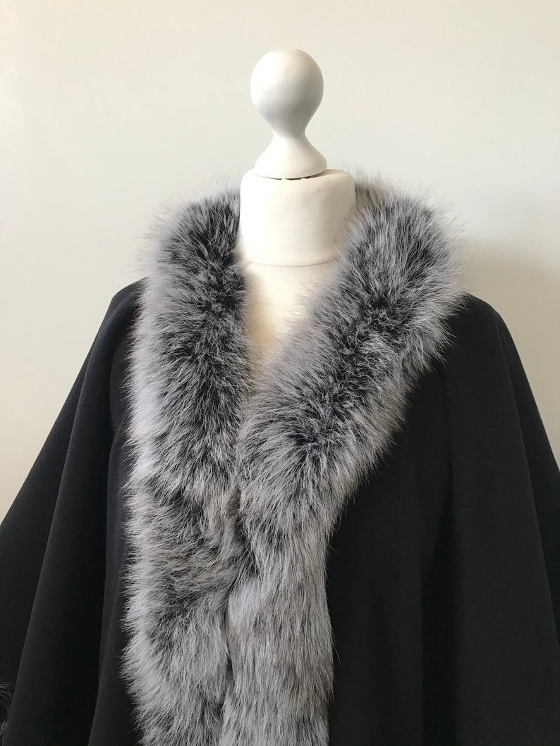 Women Black Cape long Cashmere and trim arctic fox fur | Etsy