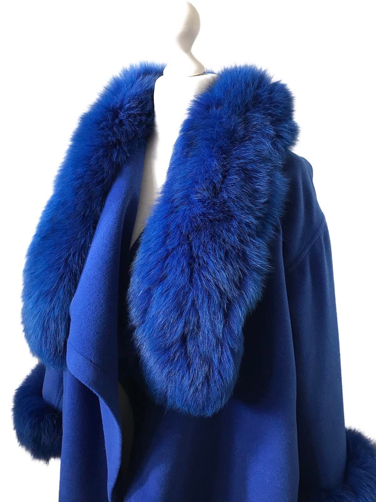 Women Royal Blue Coat Long Cashmere and Trim Arctic Fox Fur | Etsy