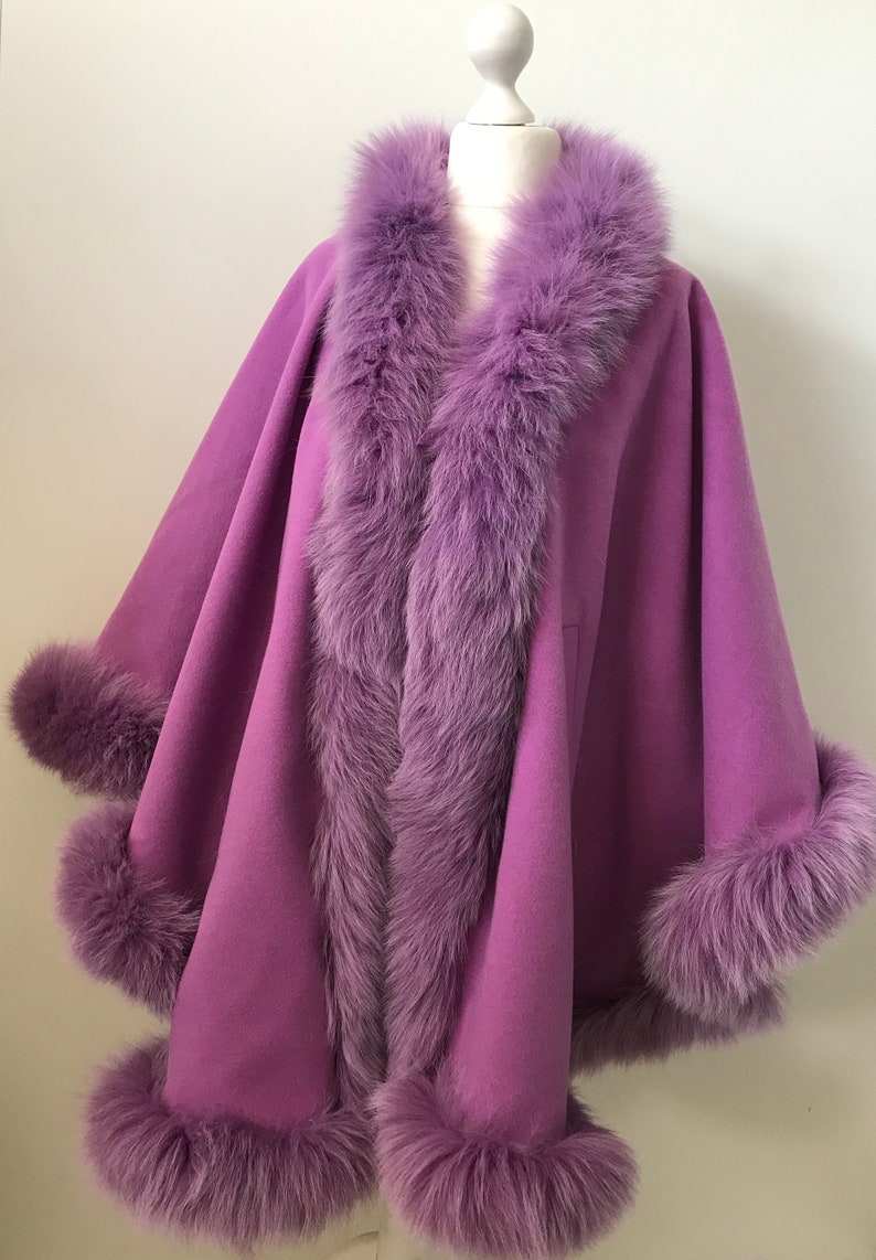 Women Fuchsia Cape long Cashmere and trim arctic fox fur