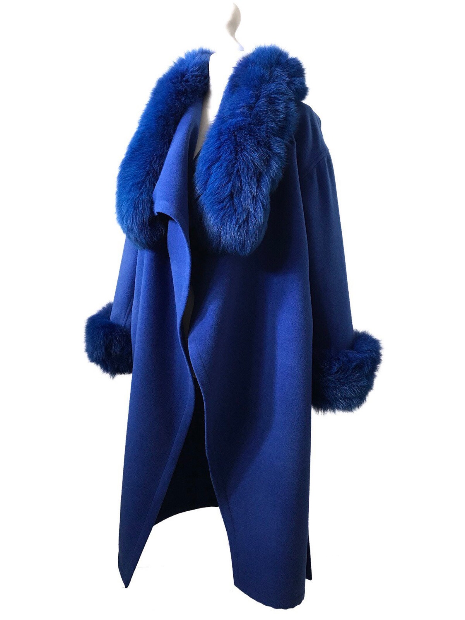 Women Royal Blue Coat Long Cashmere and Trim Arctic Fox Fur Etsy