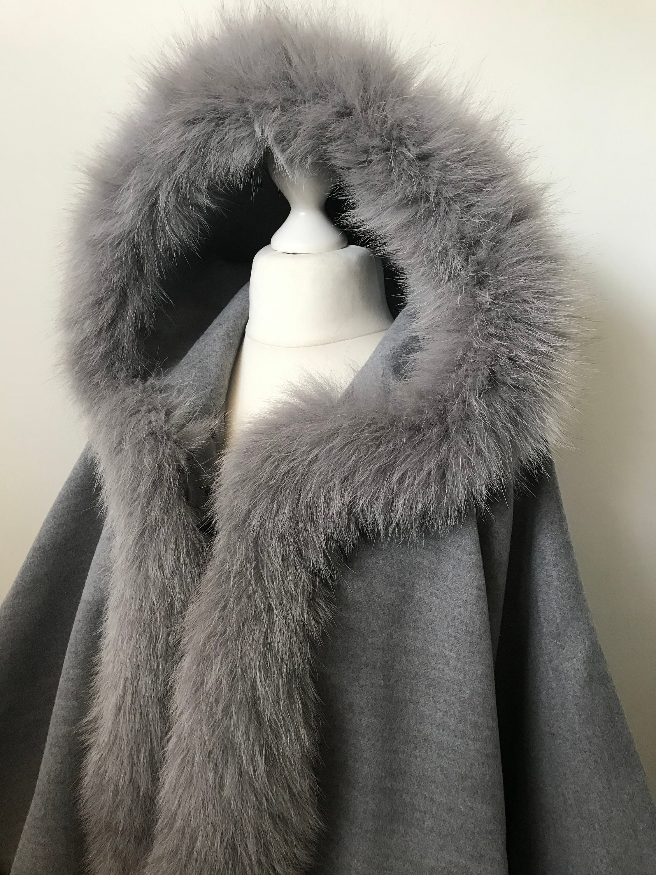 Women Grey Cape With Hood Cashmere and Trim Arctic Fox Fur - Etsy
