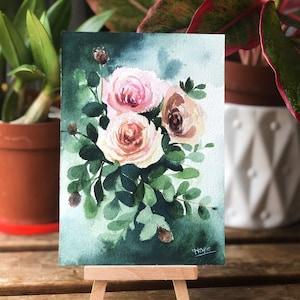 Cartão postal pintado à mão em aquarela, rosas encantadoras, flores românticas, presente para ela, amor, presente para o dia dos pais, presente para o dia de São Matias, Eid, Hari Raya