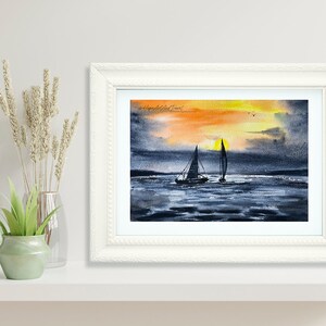 Dipinto ad acquerello fatto a mano, vita al tramonto, paesaggio di navigazione in mare, vele oceaniche di barche e navi, decorazioni, festa del papà, regalo per la festa della mamma, Eid, Hari Raya