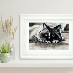 Ritratto di gatto, dipinto ad acquerello originale, fatto a mano, regalo personalizzato per gli amanti degli animali, decorazione da parete per la casa, Hello Kitty, carino e accogliente, 29 x 21 cm