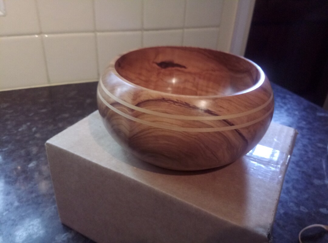 Hand Turned Spanish Olivewood Hardwood Bowl Produced With 2 White