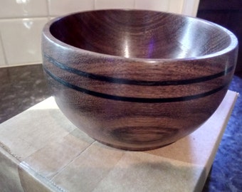 Hand turned Indian Laural Hardwood bowl with 2 black boxwood inlays. No 156.