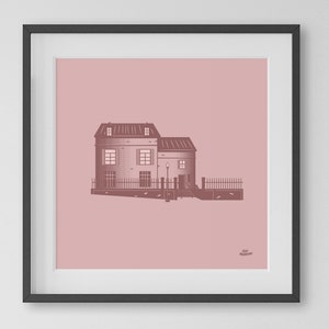 May include: A digital illustration of a two-story house with a pink background. The house is drawn in a simple style with a gray color scheme. The house has a fence and a lamppost in front of it.