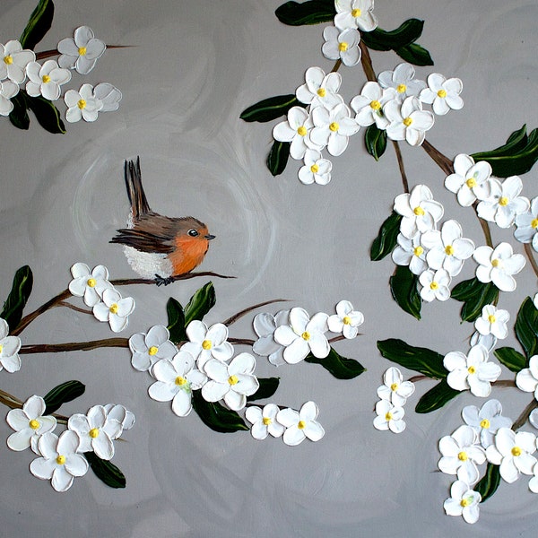 Oil Painting Grey with Robin Bird an White Blossoms, Palette knives, 100cm/80cm