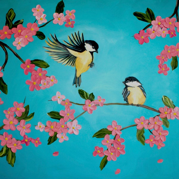 Turquoise/Pink, Original Oil Painting, Birds Great Tit, Palette Knifes, 100 cm/120cm