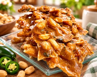 Peut inclure: Un empilement de morceaux de croquant aux arachides brun doré avec des arachides entières visibles et de petits éclats de piment jalapeño vert, disposés sur une assiette carrée en verre transparent, à la texture caramélisée.