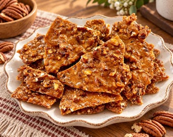 May include: A pile of golden-brown pecan brittle shards served on a scalloped-edge white ceramic plate. The brittle features a glossy, caramelized sugar base embedded with numerous chopped pecans, creating a textured, crunchy confection.