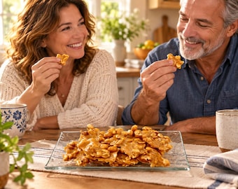 Peut inclure: Une assiette carrée en verre remplie de croquant aux arachides doré, composé d'une base de sucre caramélisé dur incrustée de nombreuses arachides grillées. Le croquant est brisé en morceaux irréguliers à la surface brillante et texturée.