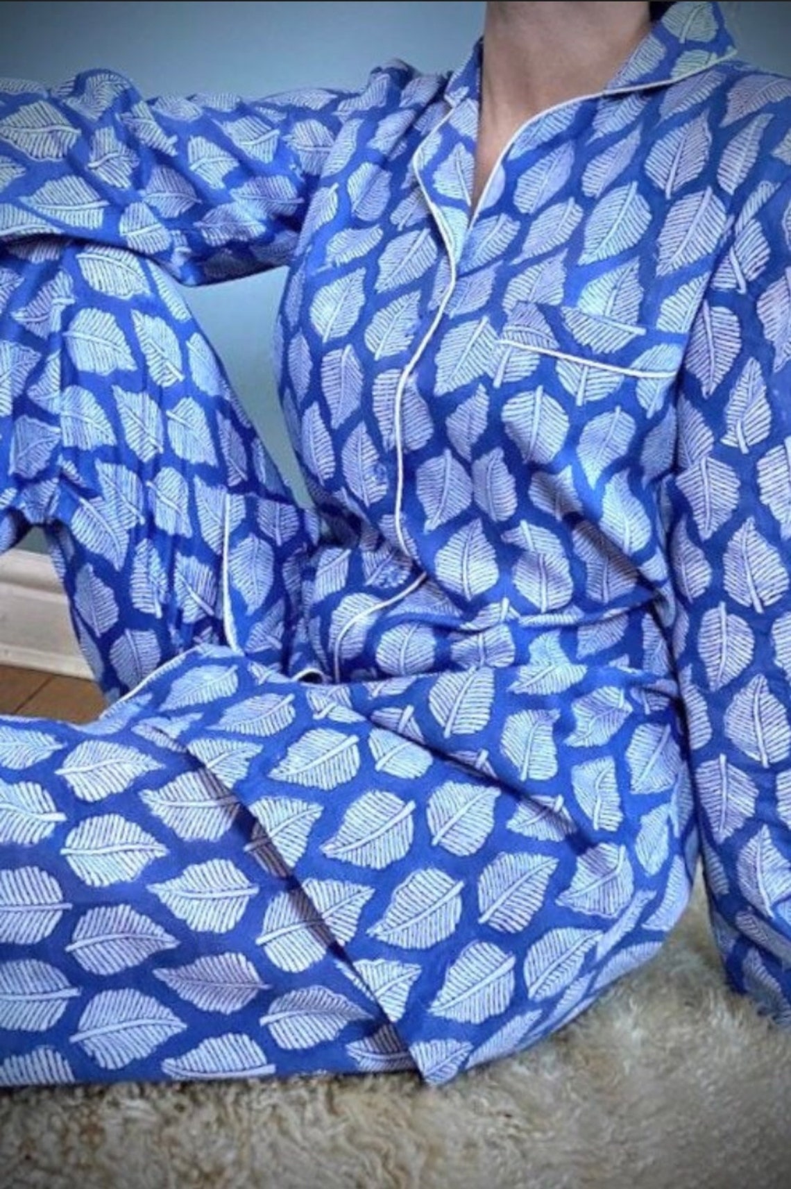 100 COTTON Womens Pyjama Set Blue Leaf Indian Print Soft Etsy