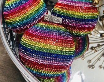 Rainbow Rhinestone Glass Ornament, Perfect Pride Month Gift, Christmas Rhinestone Decor