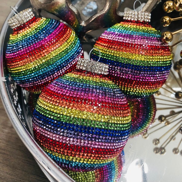 Rainbow Rhinestone Glass Ornament, Perfect Pride Month Gift, Christmas Rhinestone Decor