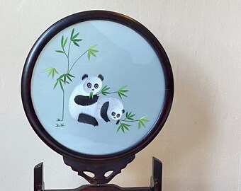 Embroidered Panda Screen with Wooden Stand | Traditional Chinese Silk Art | Decorative Table Ornament | Panda Lovers Gift