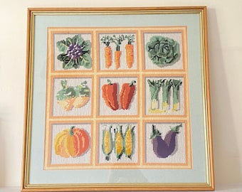 Vintage Handmade Cross Stitch Framed Artwork | Colourful Fruit & Vegetable Design | Wooden Frame