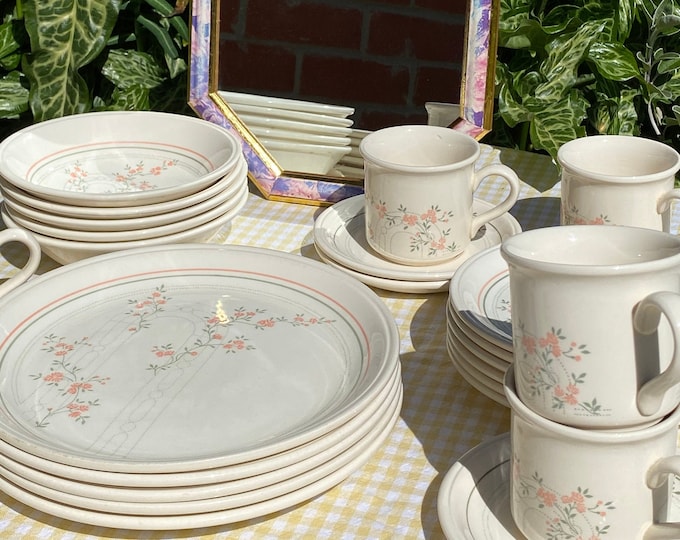 Vintage 1980s Biltons Coloroll England Dinner Set Pink & Green Floral