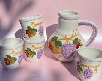 Vintage Porcelain Drinking Set | Small Pitcher and 4 Tumblers | Purple Grape & Leaf Design