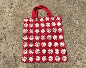Vintage 1970s Crochet Tote Bag | Red & White Floral Design | Handmade Bag