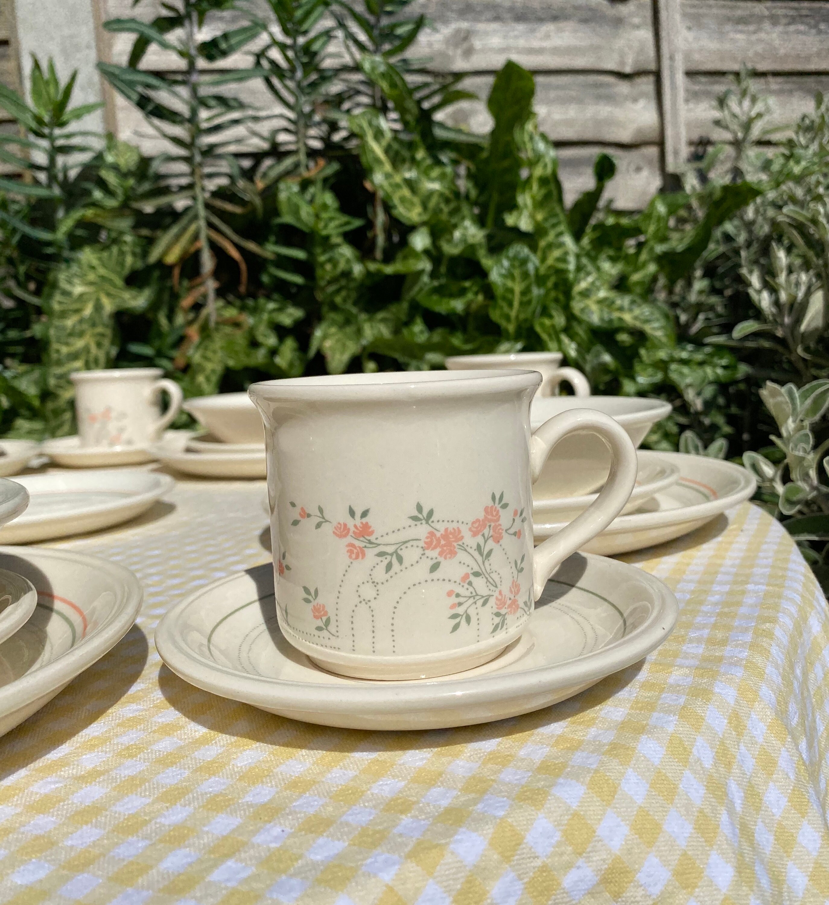 Vintage 1980s Biltons Coloroll England Dinner Set Pink & Green Floral