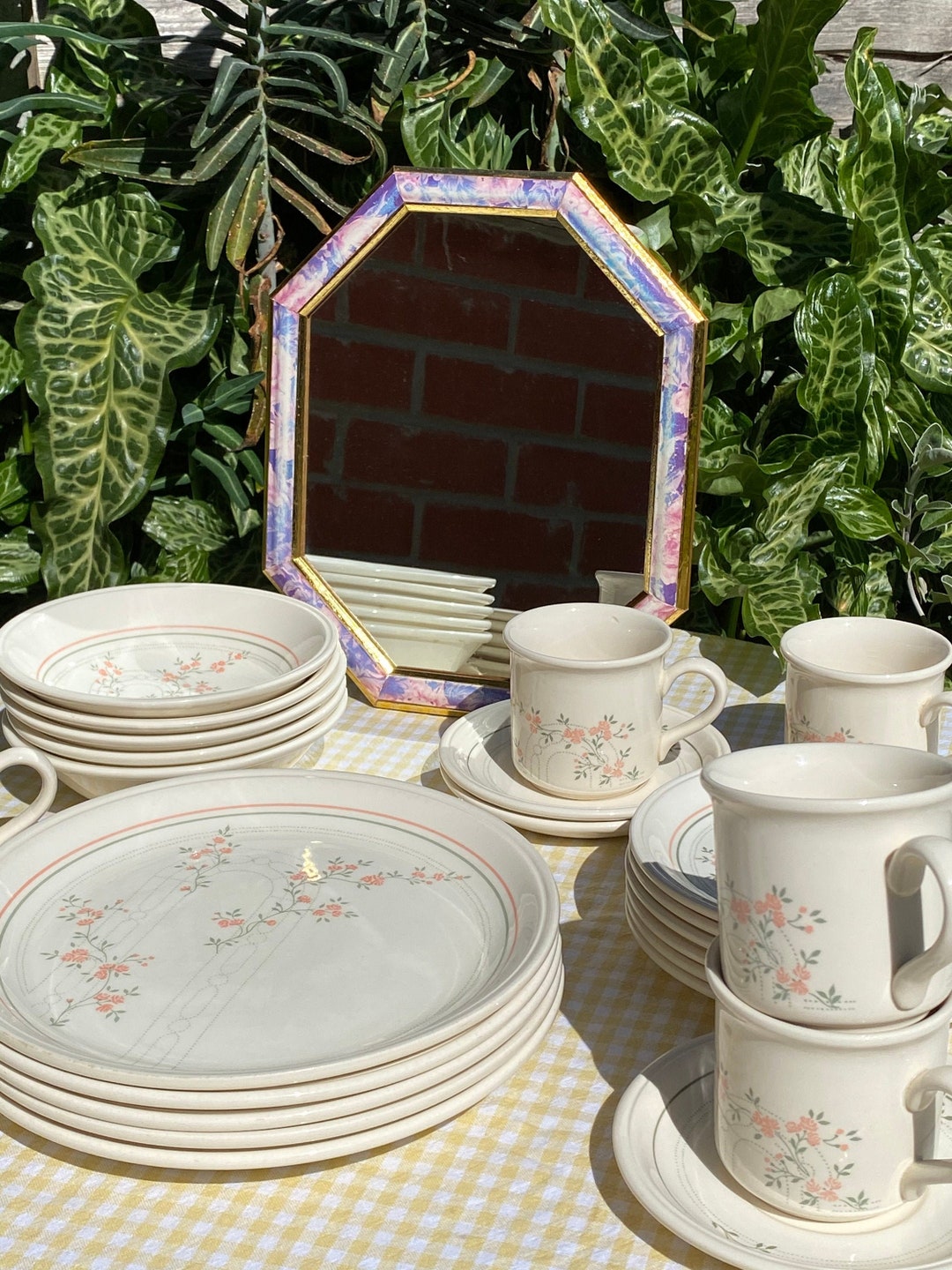 Vintage 1980s Biltons Coloroll England Dinner Set Pink & Green Floral