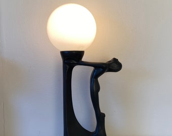 Art Deco Style Female Figure Lamp | Sculptural Black Resin Lamp with Globe Shade | Statement Lighting | Vintage Inspired Home Décor
