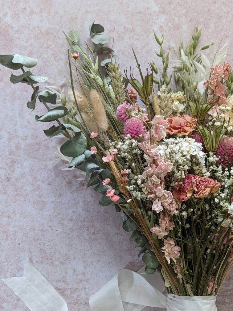 Eucalyptus and Pink Rose Dried Flower Bouquet//wedding Dried Etsy UK