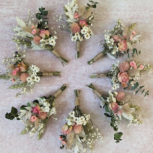 Eucalyptus and pink rose dried flower button holes.