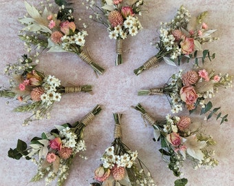 Eucalyptus and pink rose dried flower button holes.