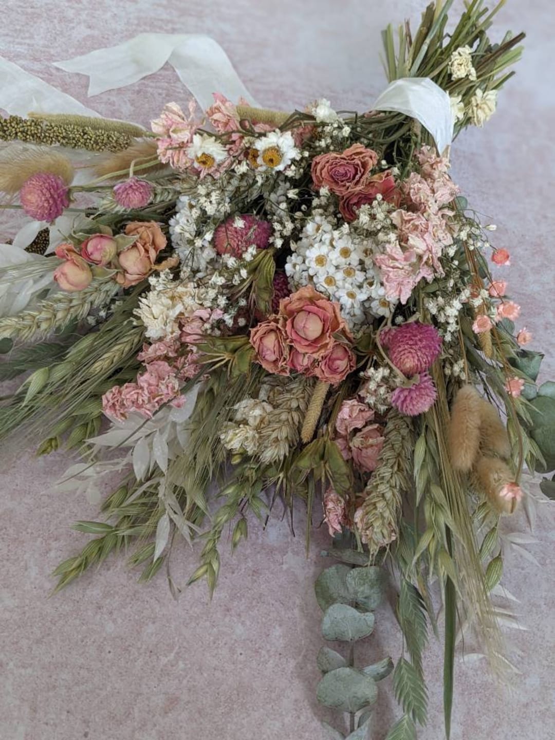 Eucalyptus and Pink Rose Dried Flower Bouquet//wedding Dried Flowers