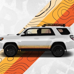 Sticker vintage carte topographique avec bandes latérales - Compatible avec les Toyota 4Runner 5e génération - Stickers bas de caisse