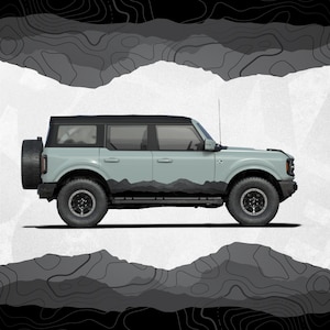 Decals voor Ford Bronco - berglandschap topografisch kaartpatroon in zwart schema - grafische kit met zijstreepomslag van 2