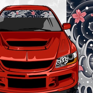 Decalque de faixa de para-brisa floral com ondas japonesas - Adesivo de vinil para carro com faixa solar JDM