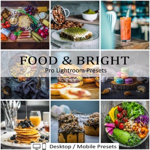 Peut inclure: Un ensemble de préréglages de photographie culinaire colorés pour Lightroom. Les préréglages sont conçus pour améliorer les couleurs et la vivacité des photos de nourriture. L'image montre une variété d'aliments, notamment un plateau de charcuterie, un hamburger, des macarons et un bol de fruits. Le texte "Food & Bright Pro Lightroom Presets" est affiché au centre de l'image.