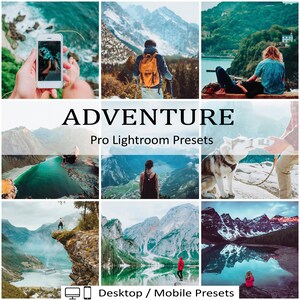 May include: A collage of images showcasing the beauty of nature, featuring mountains, lakes, and forests. The text "ADVENTURE Pro Lightroom Presets" is displayed in the center of the image. The text "Desktop / Mobile Presets" is displayed at the bottom of the image.