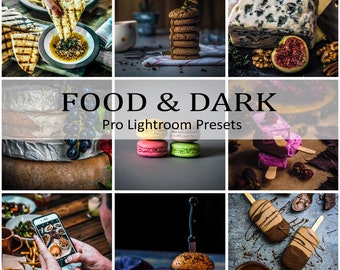 May include: A food photography collage showcasing diverse culinary items. Includes grilled flatbread with dip, a stack of biscuits, cheese, figs, macarons, ice lollies, a burger with a knife, and chocolate-coated ice cream. Text reads "FOOD & DARK Pro Lightroom Presets."