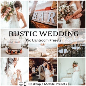 Peut inclure: Préréglages Lightroom Pro pour mariage rustique pour ordinateur de bureau et mobile. L'image montre un collage de photos de mariage sur le thème rustique. Les photos incluent une mariée et un marié, un gâteau de mariage, une enseigne de bar et une table dressée.