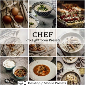 Op de afbeelding: Een verzameling Lightroom-presets voor fotografen, genaamd "CHEF" Pro Lightroom Presets. De presets zijn ontworpen voor zowel desktop- als mobiele apparaten. De afbeelding toont verschillende foodfoto's, waaronder kommen soep, brood en pasta.
